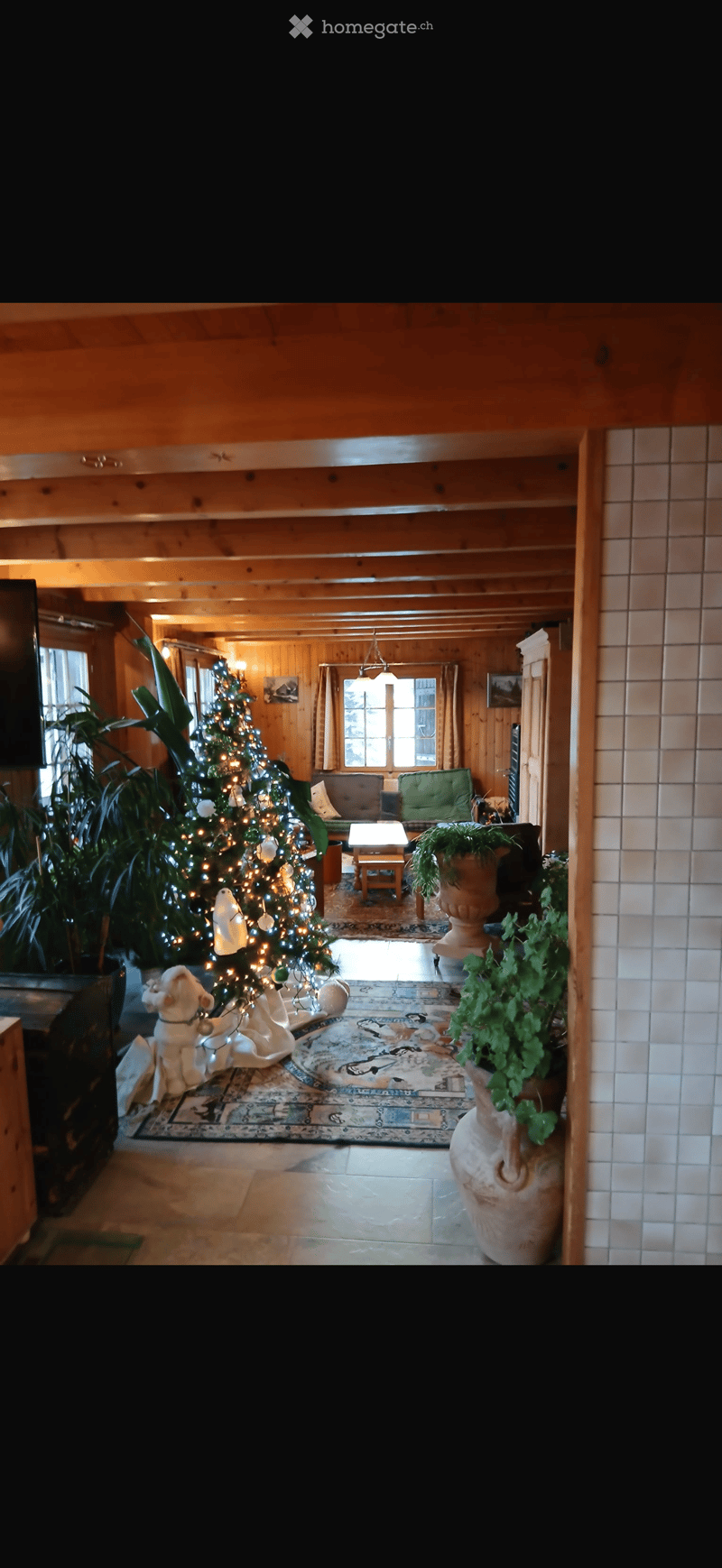 A cozy living room with wooden walls and ceiling, featuring a decorated Christmas tree, a sofa, a small table, and potted plants.