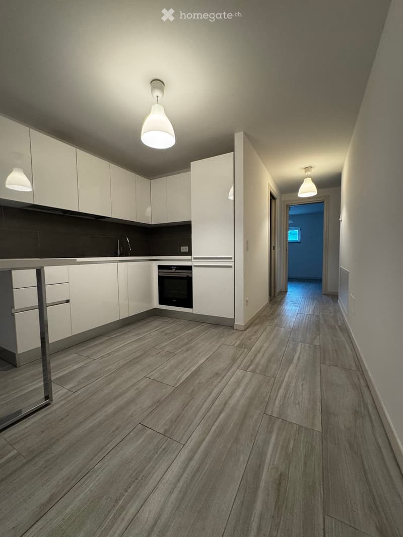 Modern hallway with wooden flooring, white walls, and pendant lights. Kitchen area visible on the left with white cabinets, stainless steel appliances, and a countertop.
