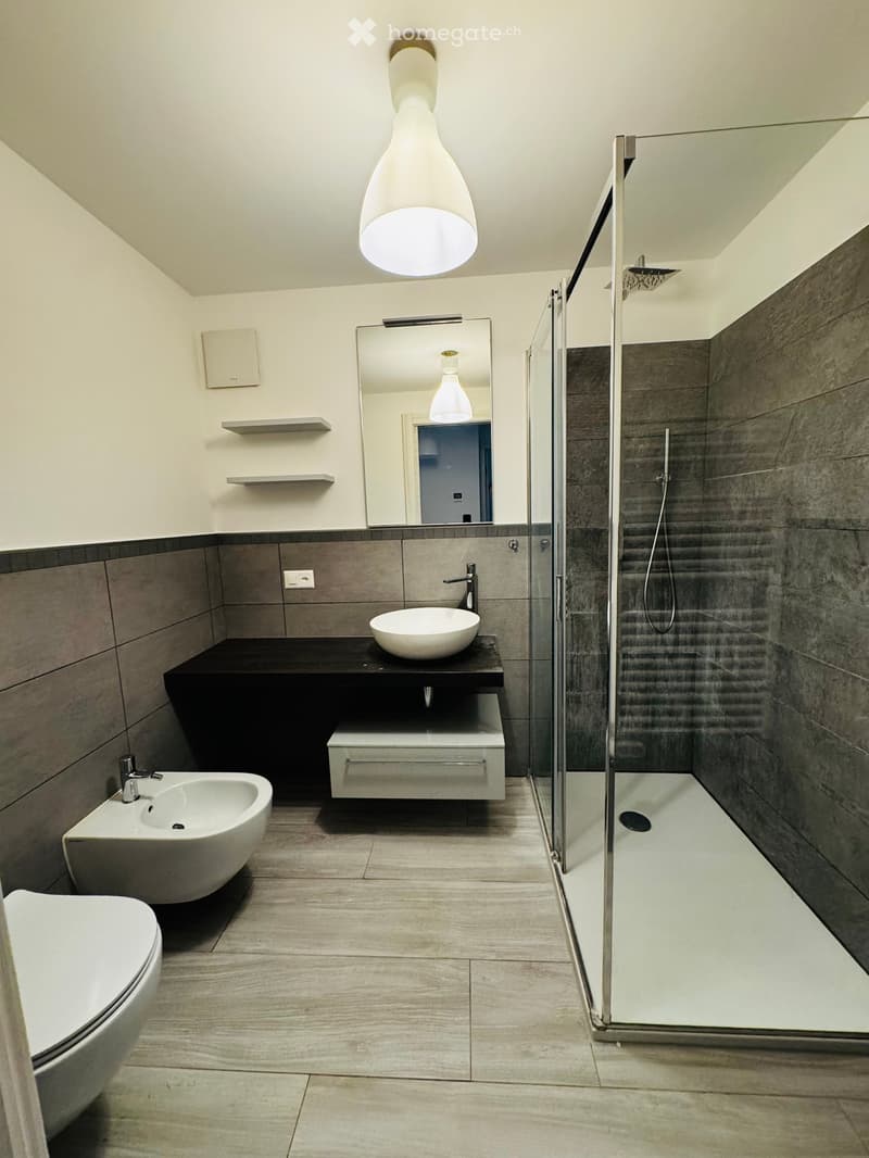 Modern bathroom with a white toilet, sink, and shower area. Features include a large mirror, sleek faucet, and built-in shelves.