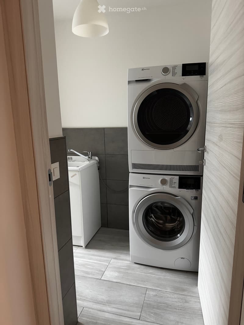 Modern bathroom with a washing machine and dryer stacked vertically, a small sink, and a sleek, contemporary design.