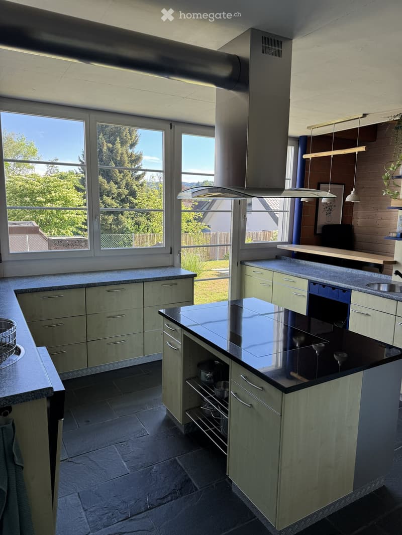 Modern kitchen with light green cabinets, granite countertops, stainless steel appliances, and large windows overlooking a yard.