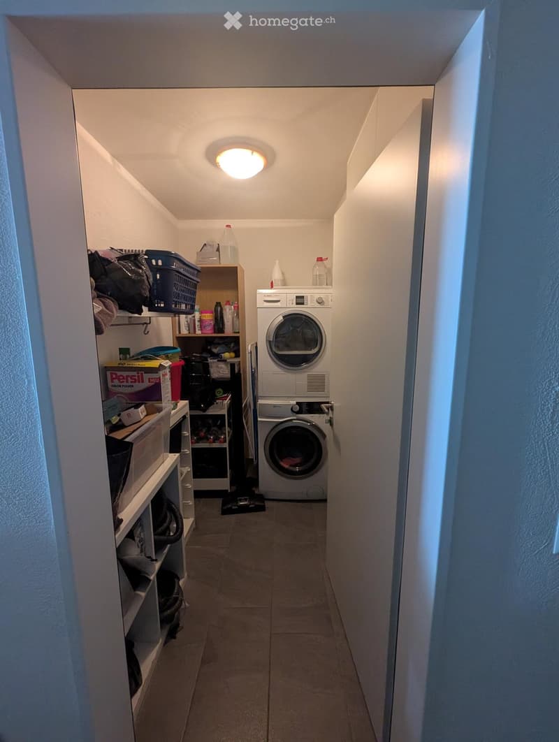 A small, well-lit laundry area with a washing machine, dishwasher, shelves, and various stored items.