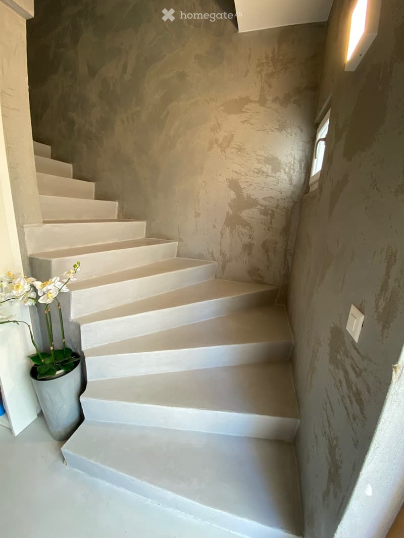 A narrow staircase with white steps and textured gray walls, featuring a small window and a potted plant on the left side.