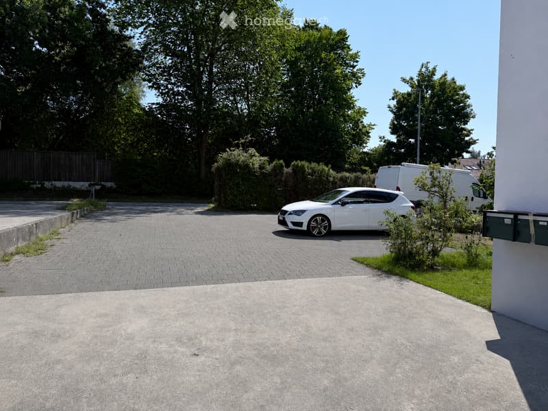 Driveway with a white car and van parked, surrounded by greenery and a white building on the right.