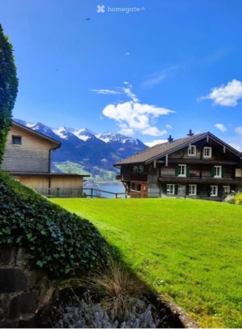 Traditional Swiss wooden house with green shutters and a stone foundation, set in a lush green lawn with a scenic mountain view in the background.