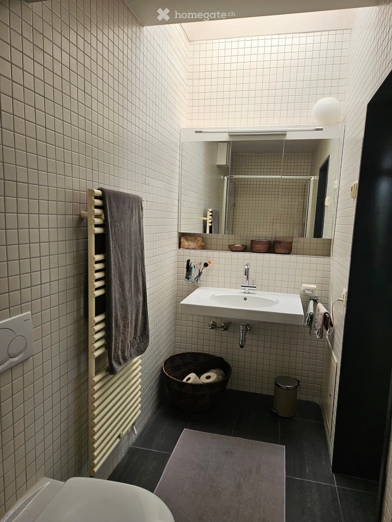 Modern bathroom with white tiled walls, dark tiled floor, sink with faucet, mirror, radiator with towel, wicker basket with toilet paper, and trash can.