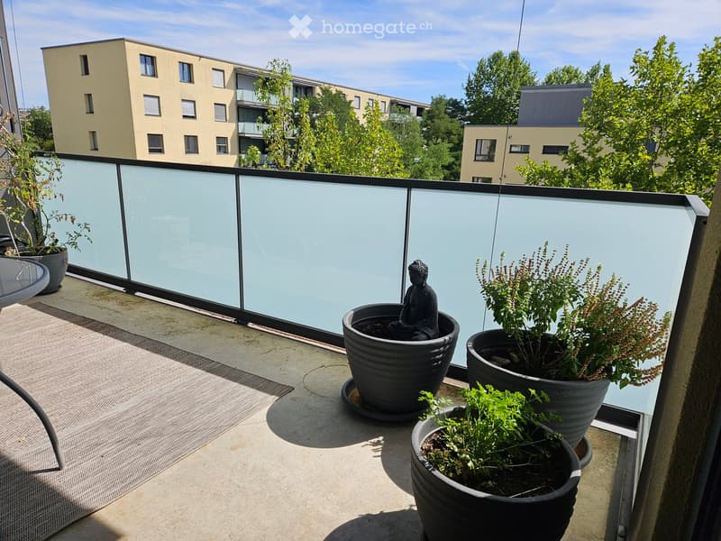 Balcony with a glass railing, potted plants, and a small statue, overlooking a modern building and greenery.