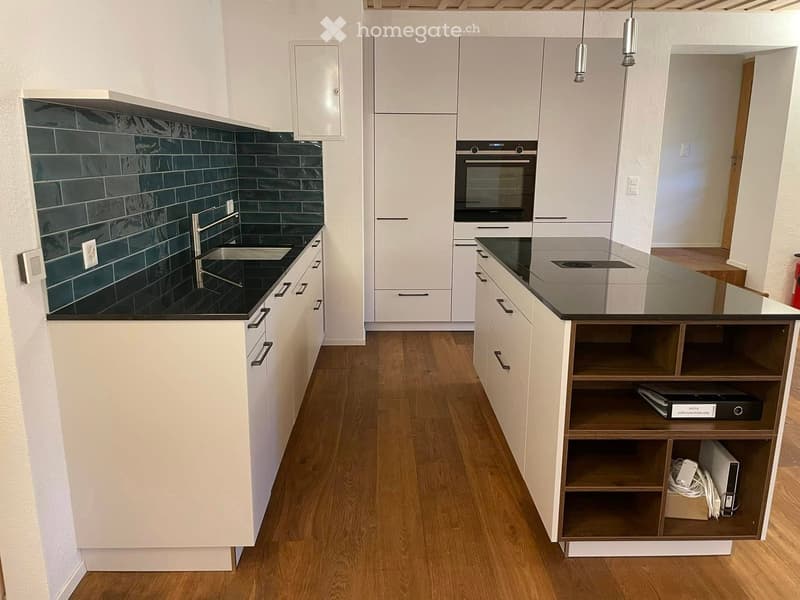 Modern kitchen with white cabinets, black countertops, a stainless steel sink, and an oven. The backsplash features dark blue tiles.