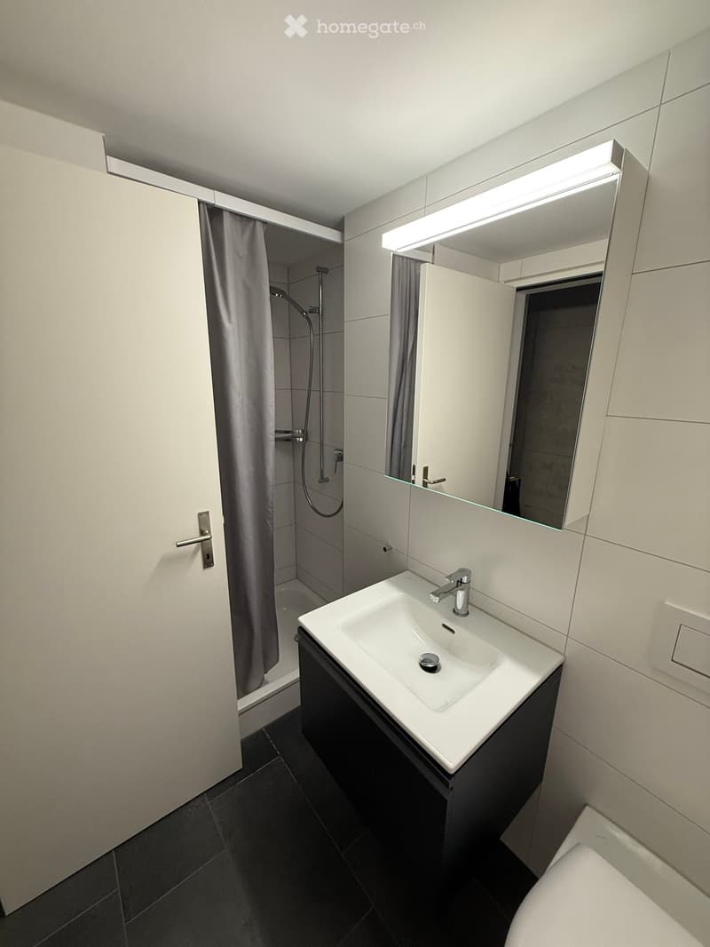 Modern bathroom with white sink, chrome faucet, large mirror with built-in lighting, shower area with curtain, and dark tiled floor.