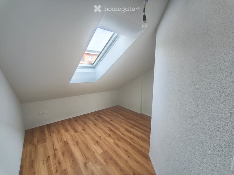 Empty attic room with wooden flooring, white walls, and a skylight window at the peak of the ceiling.