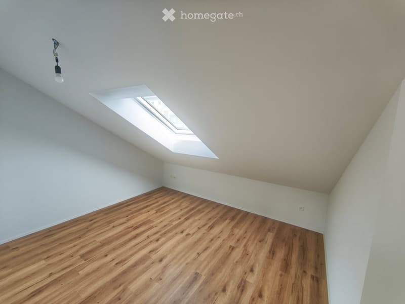Empty attic room with wooden flooring, white walls, and a skylight window.
