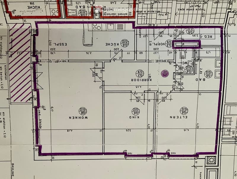 Floor plan showing multiple rooms including kitchen, bathroom, living room, bedroom, and hallway with labeled dimensions and room names.