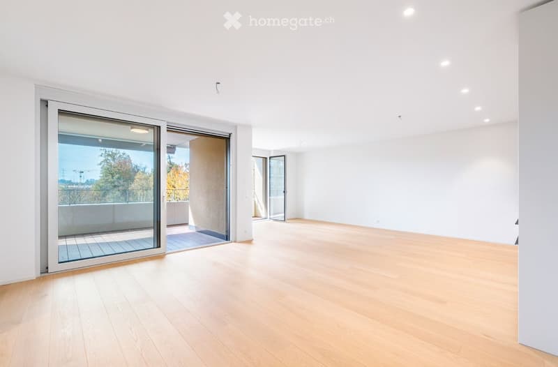 Empty room with light wooden flooring, white walls, and large sliding glass doors leading to a balcony.