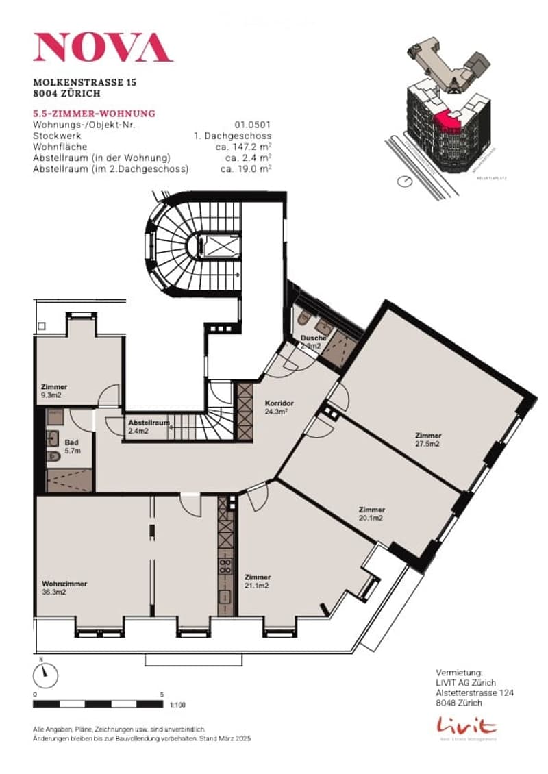 Floor plan of a 5.5-room apartment with living room, kitchen, 3 bedrooms, 2 bathrooms, hallway, and storage space.