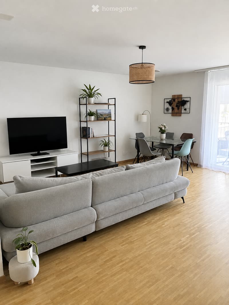 Modern living room with light wooden flooring, grey sectional sofa, coffee table, TV, shelving unit with plants and books, dining area with glass table and chairs, and a hanging woven pendant light.