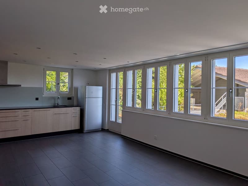 Modern kitchen with light wood cabinets, stainless steel sink, and large windows overlooking a green area.