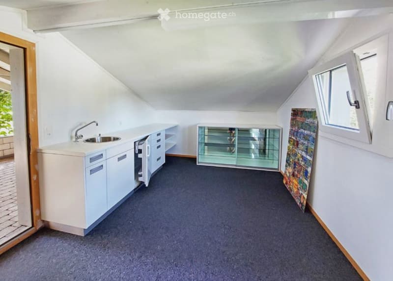 Compact kitchen with white cabinets, a sink, and a glass display cabinet. The room has a slanted ceiling and a blue carpeted floor.