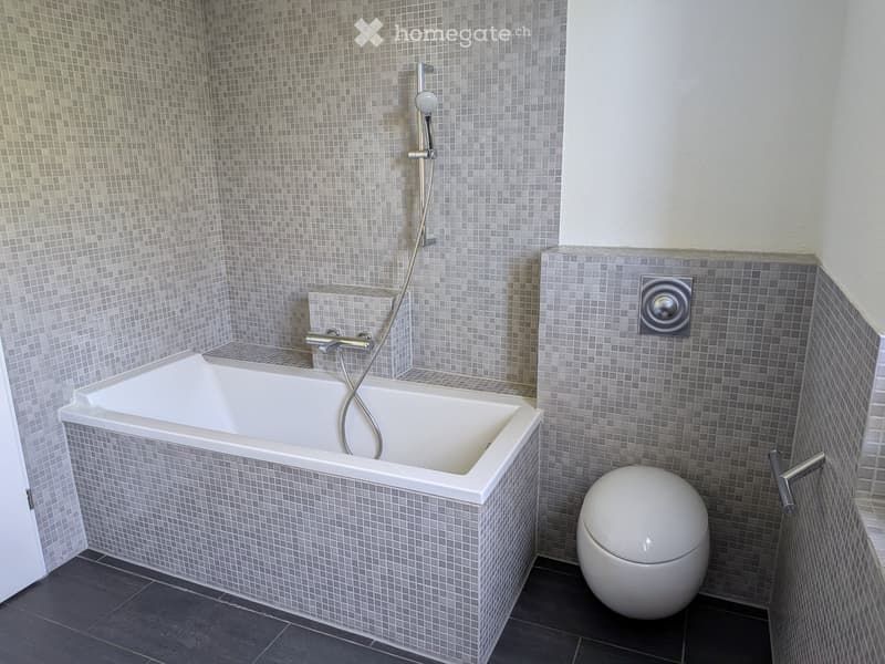 Modern bathroom with a white bathtub, toilet, and showerhead, featuring grey tiled walls and dark tiled floor.