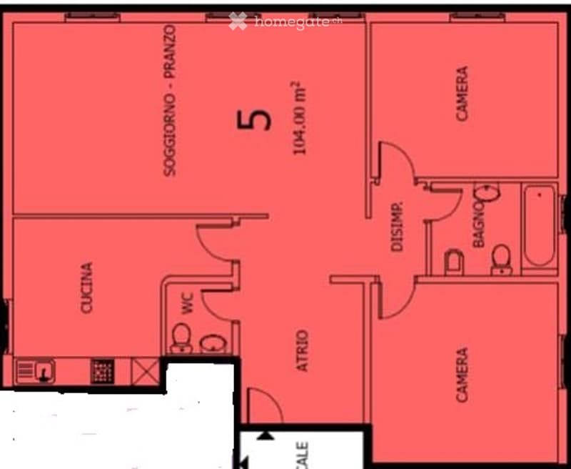 Floor plan of a 5-room apartment including living room, kitchen, two bedrooms, bathroom, and entrance hall.