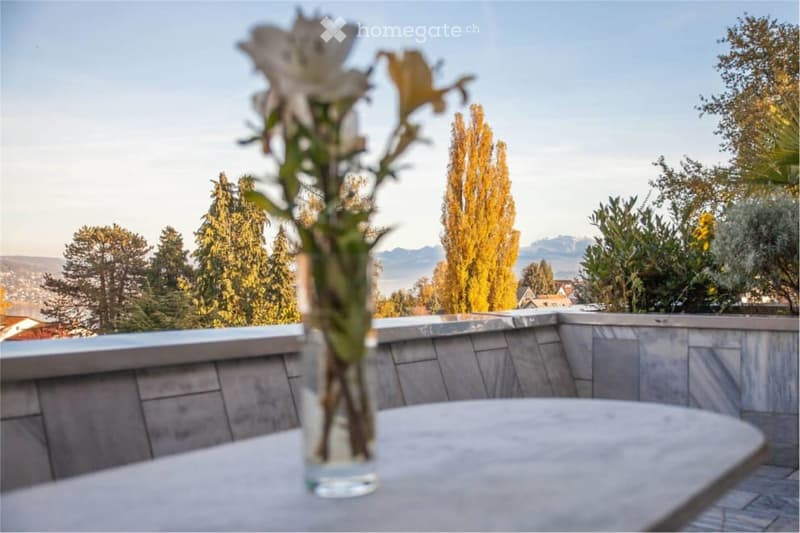 Gray marble balcony, table, vase with flowers, city and mountain views