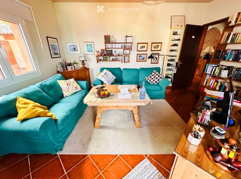 Bright living room with teal sofas, wooden coffee table, bookshelves, and decorative pillows.