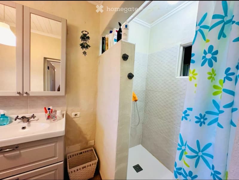 Bathroom with a sink, mirror, cabinet, and a shower area with a floral-patterned curtain. Toiletries and a wicker basket are visible.