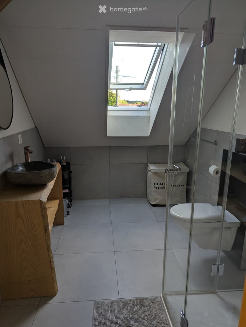 Modern bathroom with grey tiles, a wooden sink console, a black stone sink, a glass-enclosed toilet area, and a skylight window providing natural light.