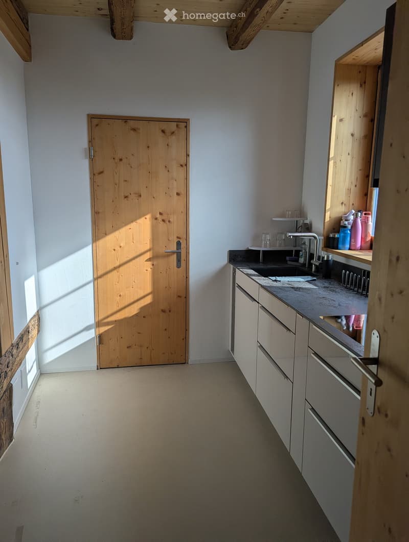 Bright, minimalist hallway with wooden door, light grey walls, and a small kitchen area visible on the right side.