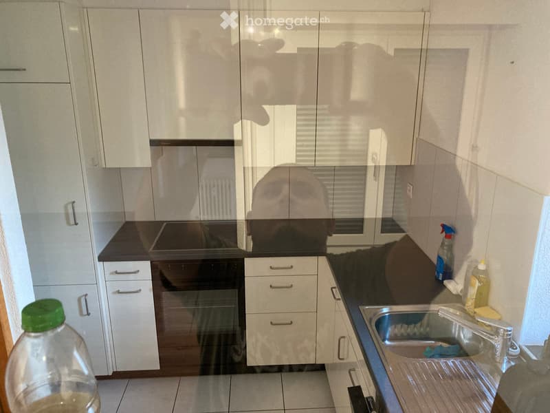Modern kitchen with white cabinets, dark countertops, stainless steel sink, and various cleaning supplies on the counter.