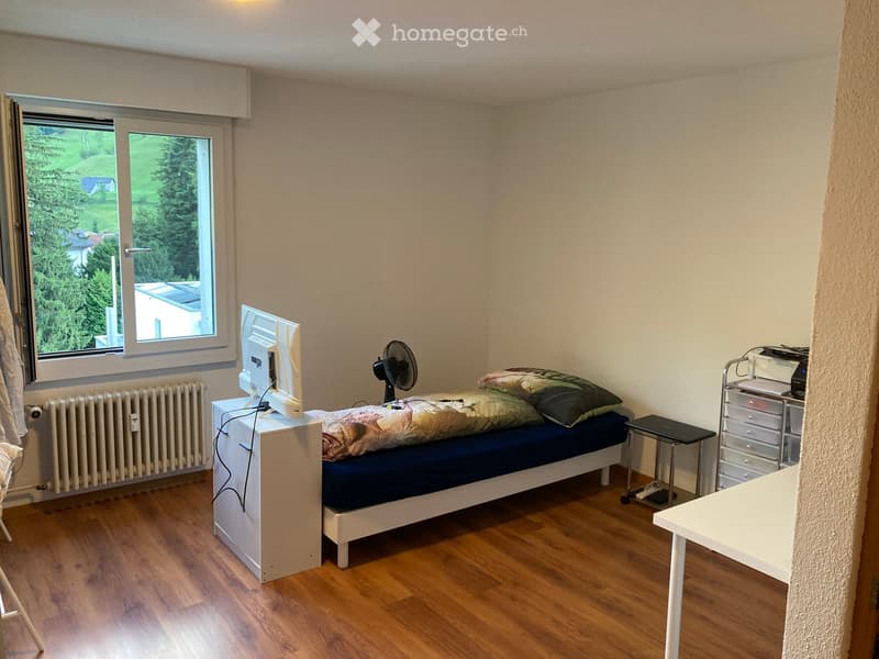 A small bedroom with wooden flooring, a single bed with pillows and a blanket, a fan, a table with a screen, and a radiator near the window.