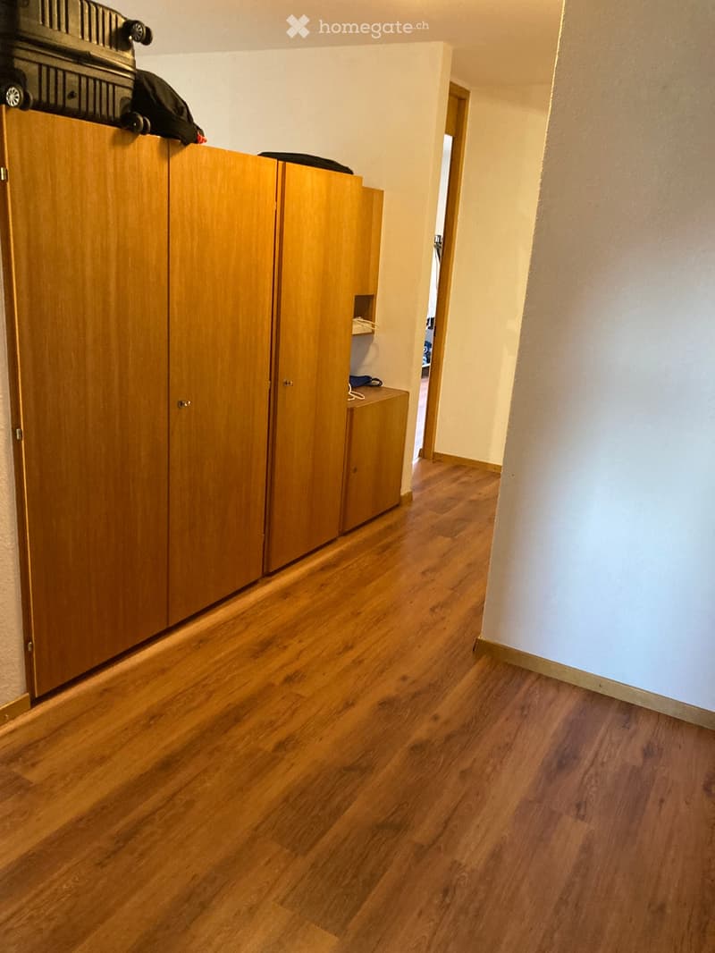 A narrow hallway with wooden flooring and light-colored walls, featuring built-in wooden cabinets on one side and an open doorway leading to another room.