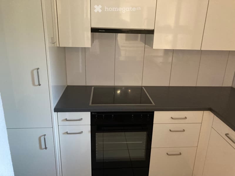 Modern kitchen with white cabinets, black countertop, induction cooktop, and built-in oven.