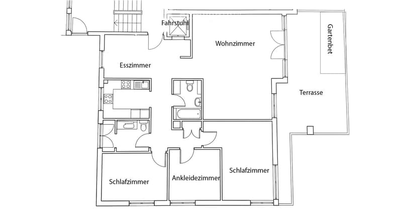 Floor plan showing a living room, dining room, two bedrooms, bathroom, hallway, garage, garden, and terrace.