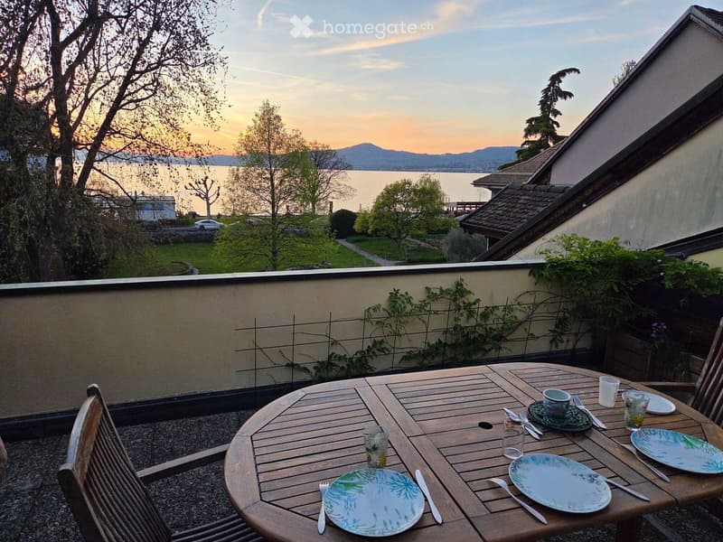 Wooden table and chairs, set for dining, overlooking a lake and mountains, plants and trees in the background