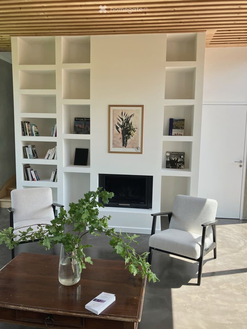 Modern living room with built-in white shelves, fireplace, two armchairs, wooden coffee table with a vase of greenery and a book, and a framed picture on the wall.