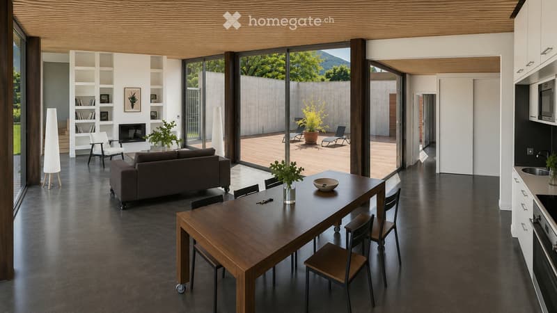 Open-plan living and dining area with dark flooring, large windows, a sofa, dining table, chairs, bookshelf, fireplace, and floor lamp.