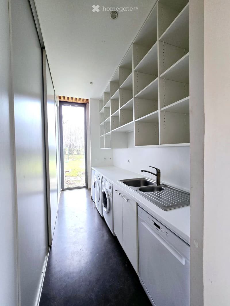 Other. {"visible_features": ["Private washing machine", "Dishwasher"],    "type": "Room",    "description": "Laundry room with white cabinets, shelves, washing machine, dishwasher, sink, and a glass door leading to the outside.",    "localized_descript