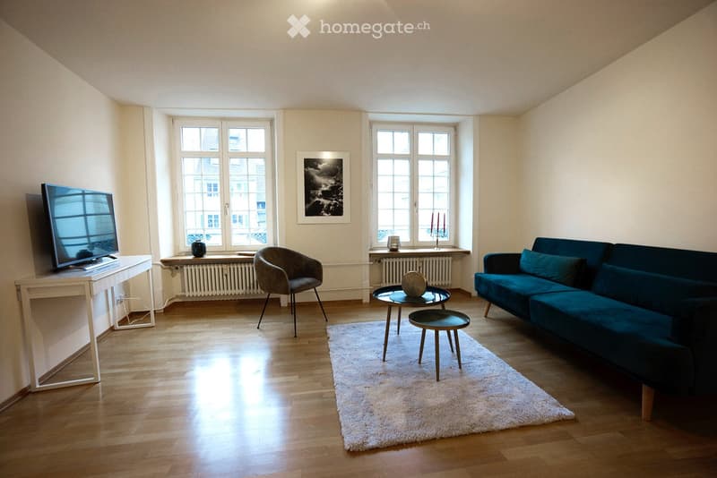 large window, flat screen tv, beige sofa, beige table, dark brown chair, beige carpet, radiator