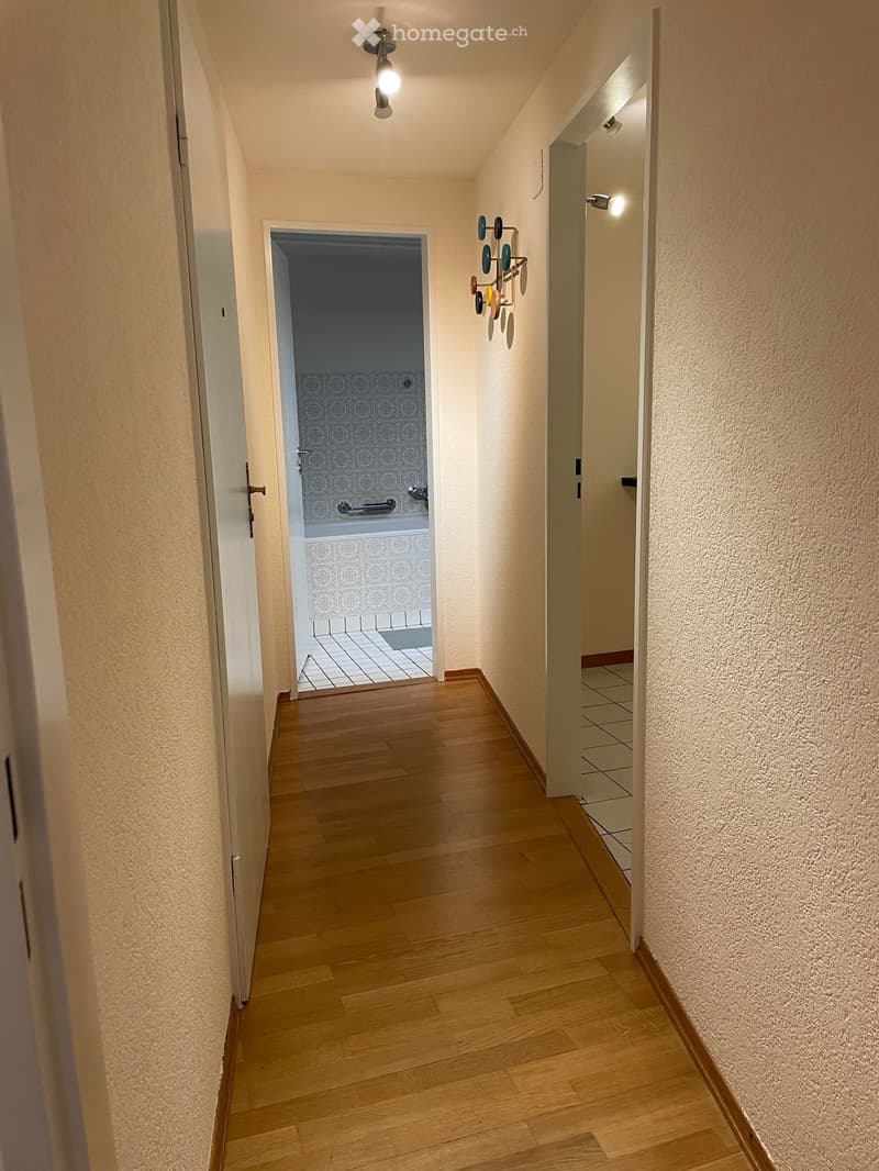white walls, wood floor, hallway leading to bathroom, decorative item on wall