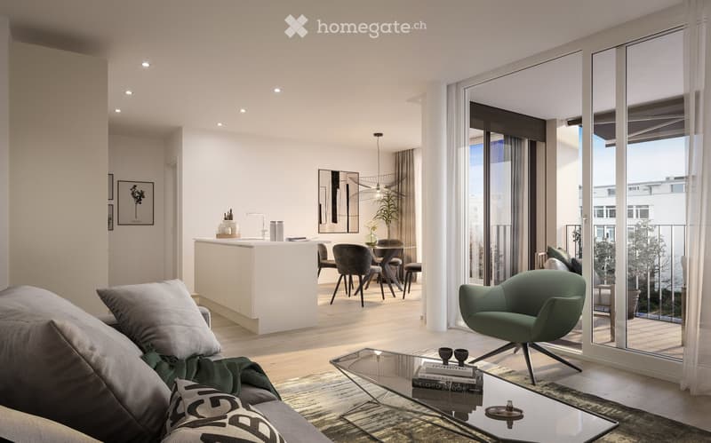 Modern, open-concept living and dining area with large windows and balcony access. Features a grey sofa, glass coffee table, dining table with chairs, and a kitchen island.