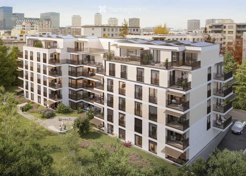 Modern multi-story residential building with balconies, large windows, and solar panels on the roof, surrounded by greenery and urban skyline.