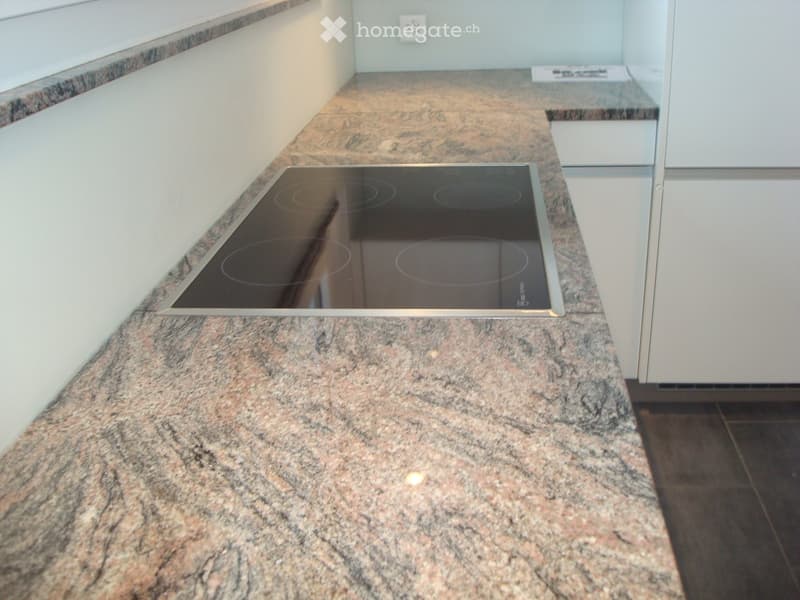 Modern kitchen with granite countertop and built-in induction cooktop.