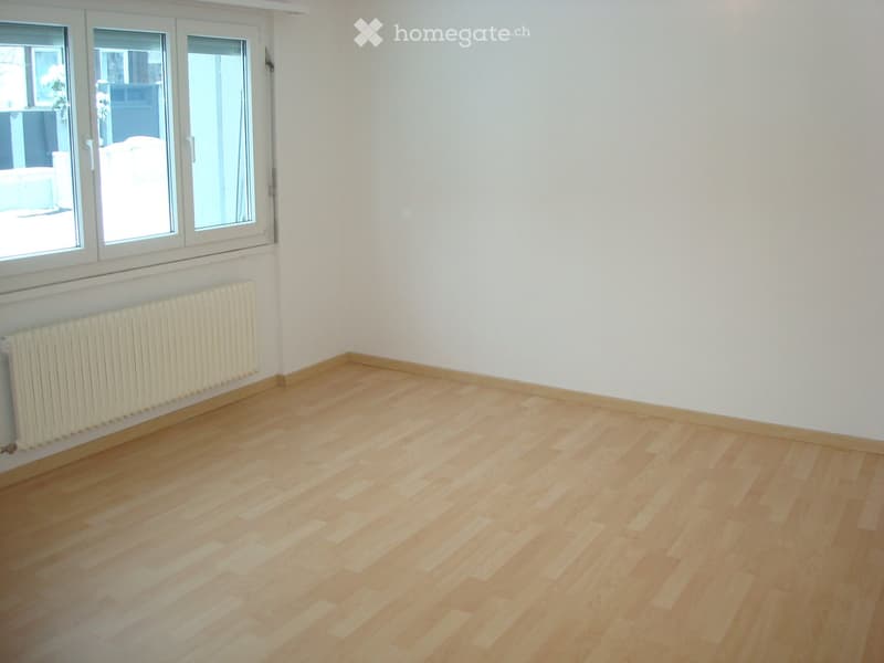 Empty room with light wooden flooring, white walls, and a radiator along one wall. Large windows with white frames are visible on one side.