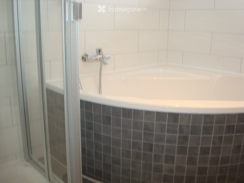 Modern bathroom with a bathtub, glass shower enclosure, and a chrome faucet.