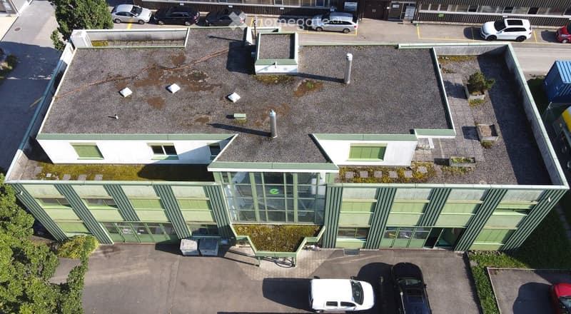 Office building, green exterior, multiple windows, parking area, multiple cars parked