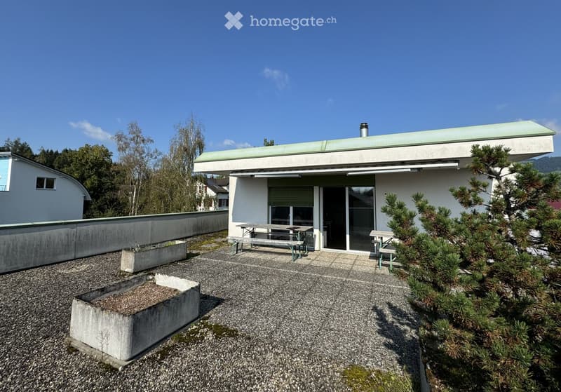 white house, green roof, outdoor seating area, gravel ground, trees