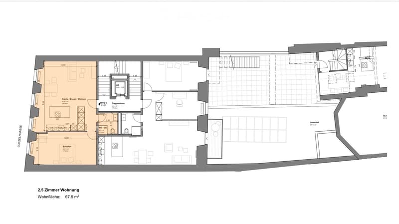 Floor plan of a 2.5-room apartment with a combined kitchen/dining/living area, bedroom, hallway, and bathroom.
