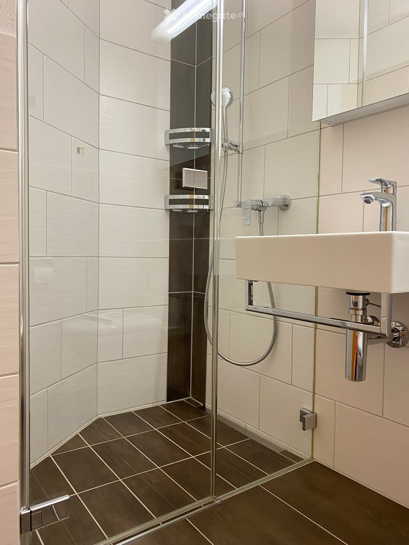 Modern bathroom with a glass-enclosed shower, a white sink with a chrome faucet, and a dark tiled floor.