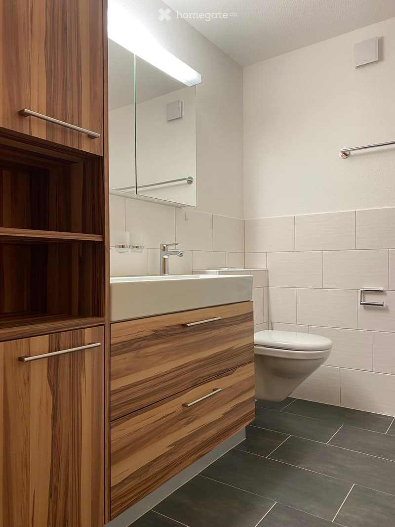 Modern bathroom with a wooden vanity, white sink, chrome faucet, large mirror, and a toilet. The walls are tiled in light gray, and the floor is dark gray tiles.