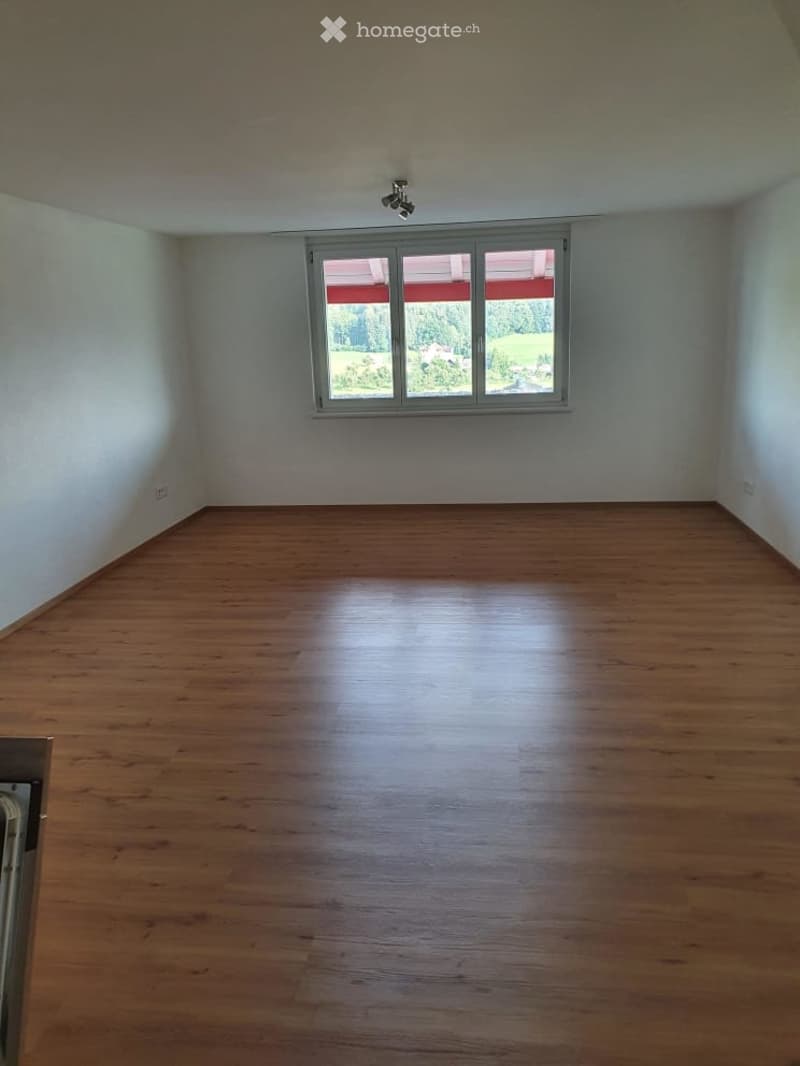 empty room, hardwood floor, window with valley view, power outlets on wall